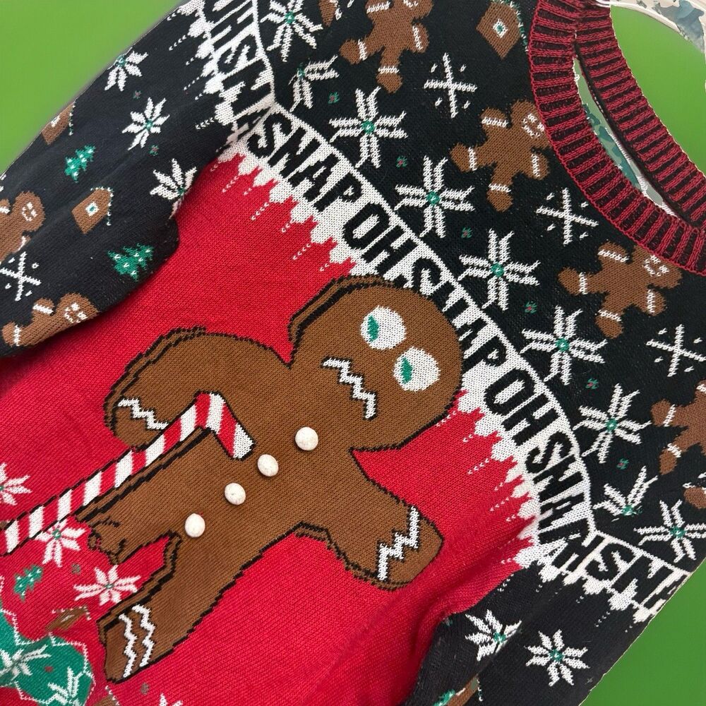 Ugly Christmas Sweater Mens M Oh Snap Gingerbread Xmas Holiday Knit Grandpa